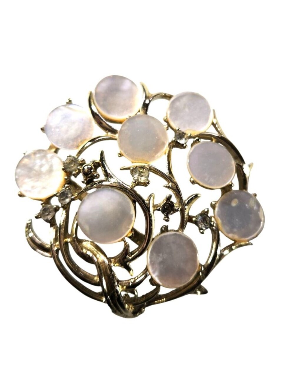 MOP Brooch Vtg Gold-Tone Rhinestones Floral womens jewelry neutral white